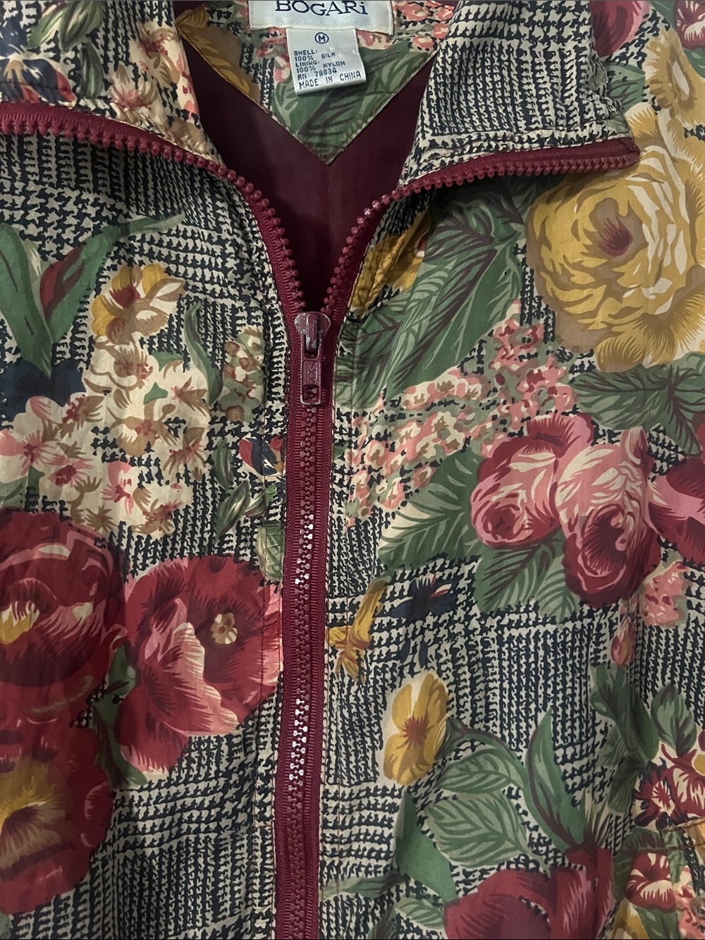 Vintage 90s Bogari Floral 100% Silk Zip Up Bomber Jacket Size Medium - Picture 3 of 8